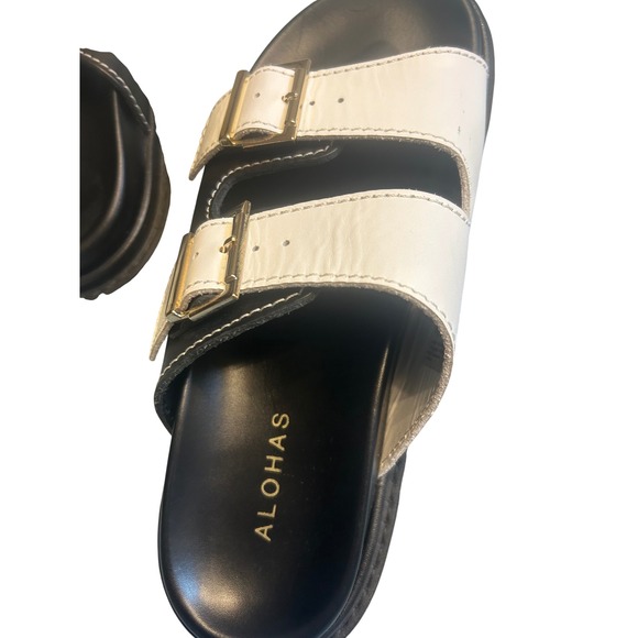 Alohas Leather Platform Sandals Women 39 Black White Double Buckle Made in Spain - Picture 6 of 6